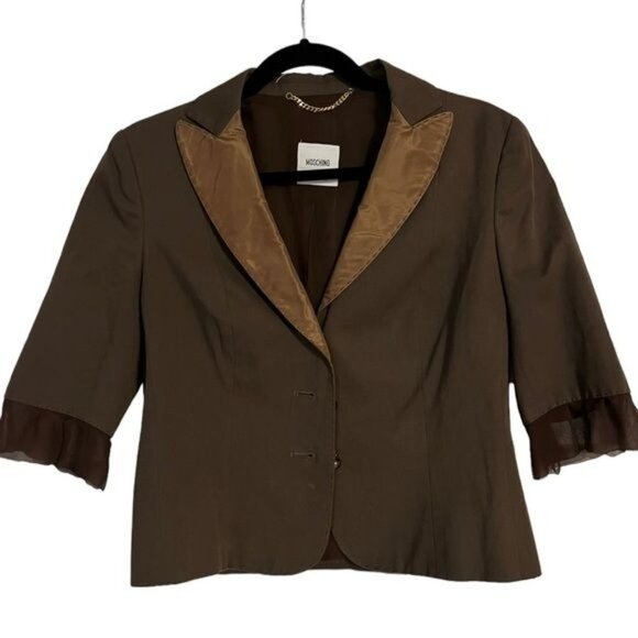 MOSCHINO Brown Blazer Jacket With Ruffled Sleeve Size US 10 - Picture 5 of 16